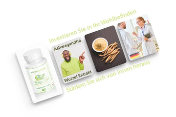 Ashwagandha-Wurzel und Pflanzenpulver in neutraler Produktdarstellung