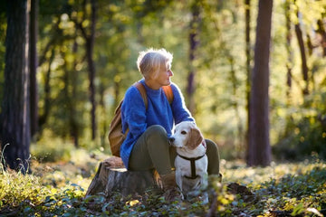 Ältere Frau geht mit ihrem Hund im Wald spazieren