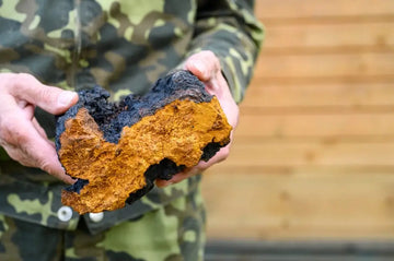 Hände halten ein Stück rohen Chaga-Pilz von einer Birke