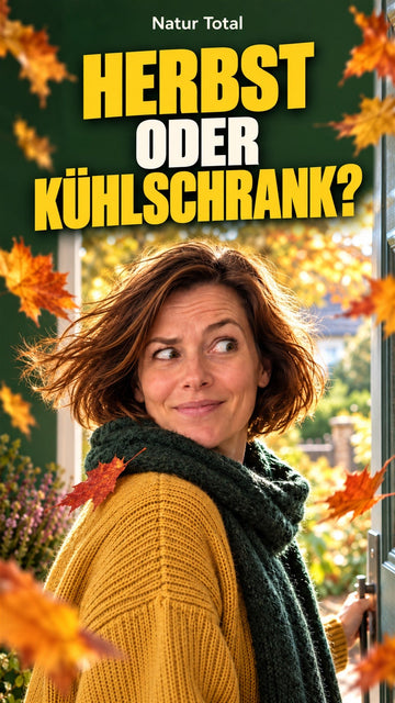 Herbst oder Kühlschrank? Natur-Total-Herbstspot mit einer Frau im gelben Pullover und grünem Schal zwischen Herbstblättern.