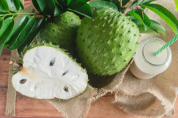 Aufgeschnittene Graviola-Frucht mit weißem Fruchtfleisch