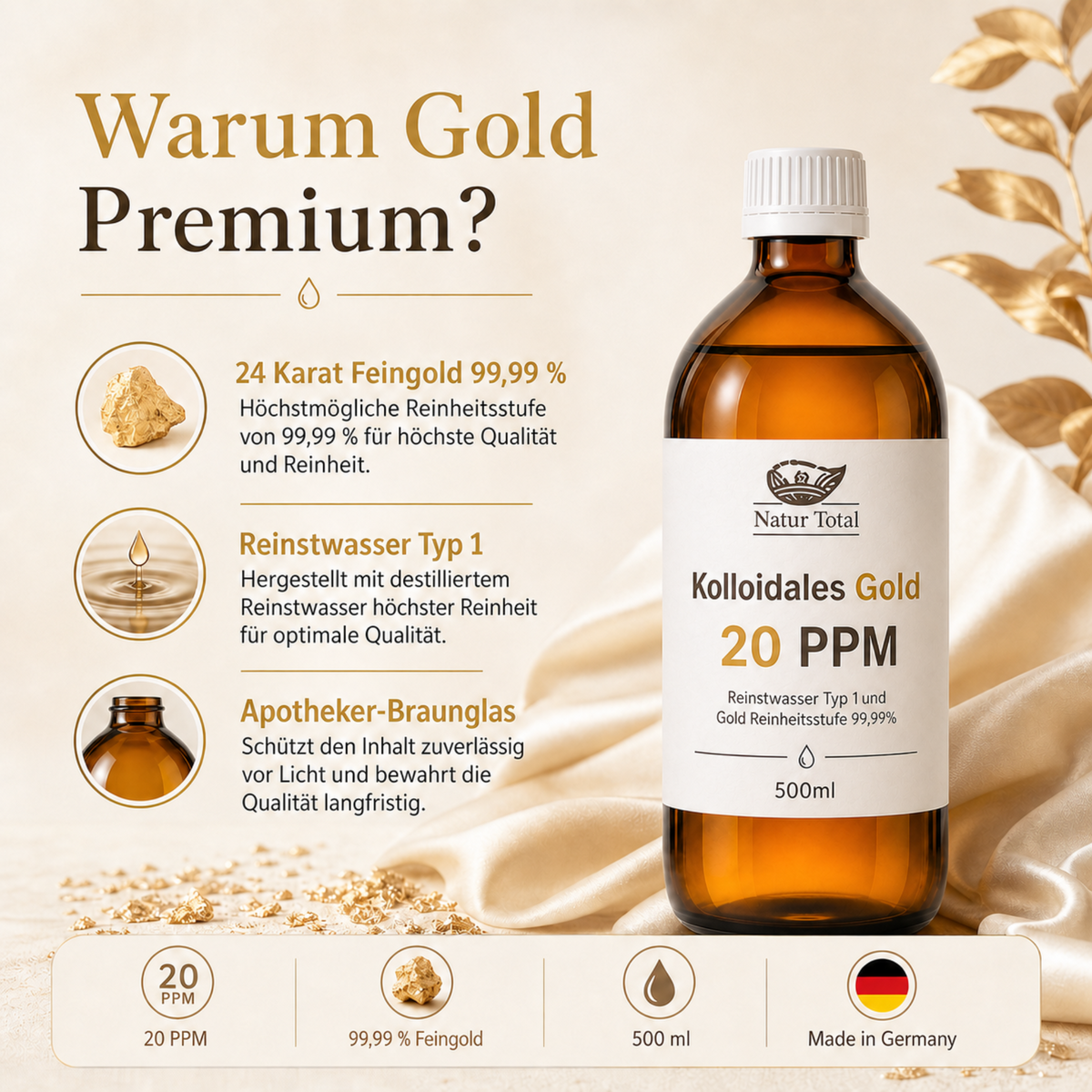 Natur Total Kolloidales Gold 20 ppm – Reinheit und Braunglas – 500 ml