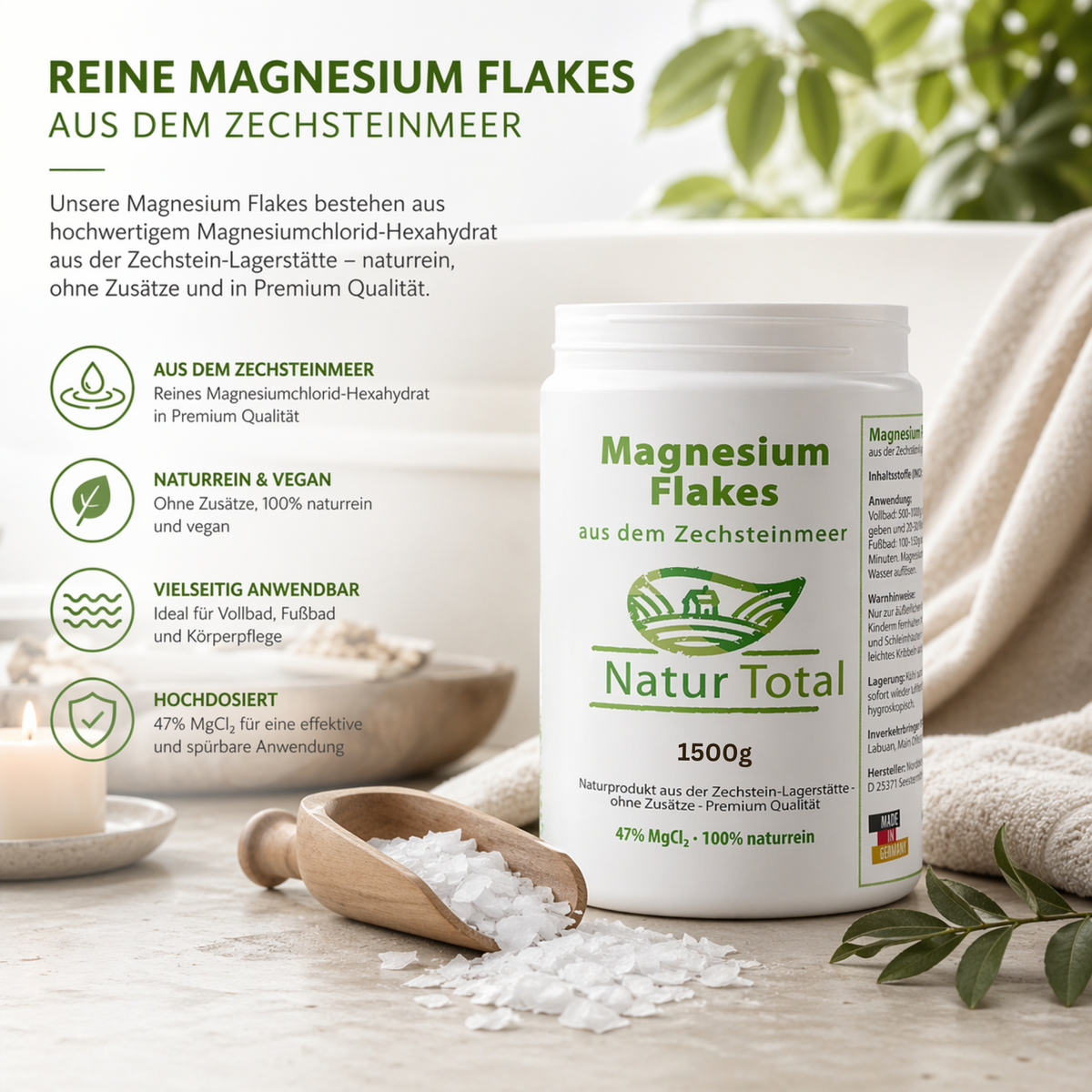 Natur Total Magnesium Flakes aus dem Zechsteinmeer – 1500 g