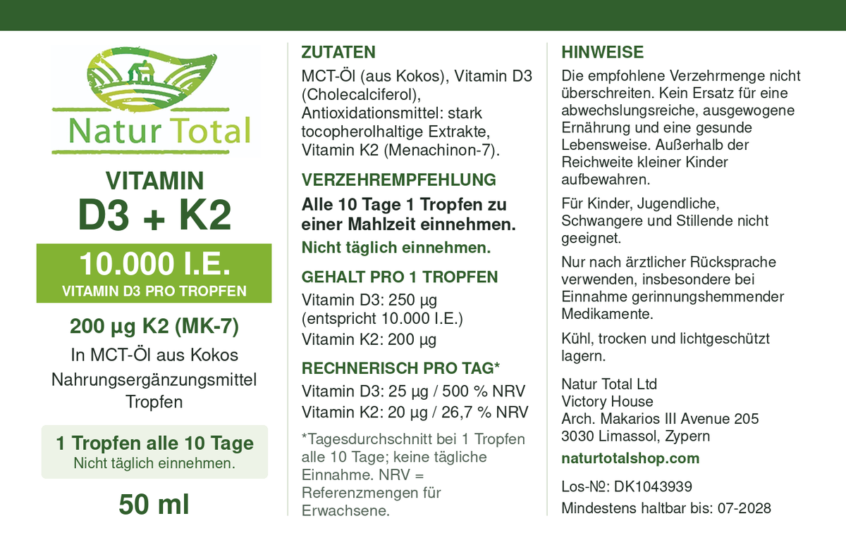 Vollständiges Etikett – Los DK1043939, MHD 07-2028, Zypern-Anschrift
