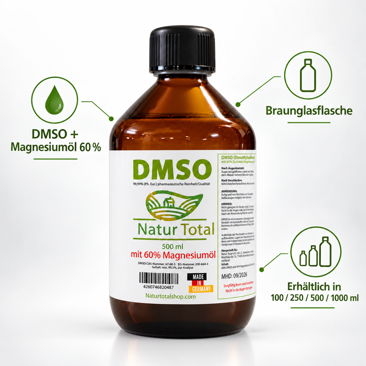 Natur Total DMSO mit 60 % Magnesiumöl – Braunglas und Größenübersicht