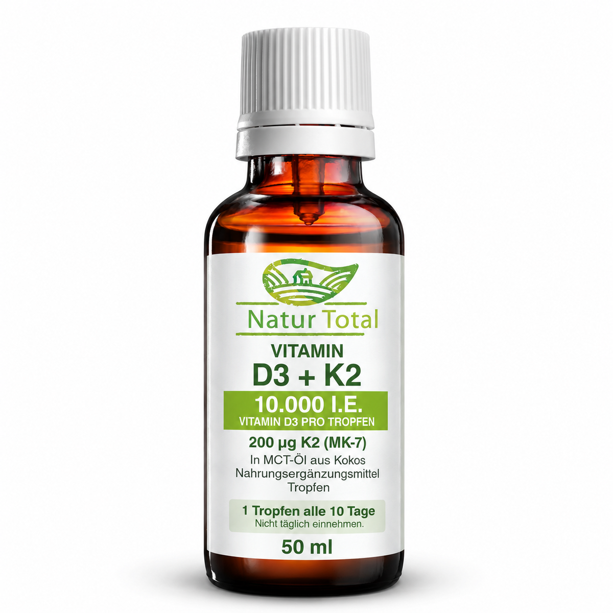 Natur Total Vitamin D3 + K2 (MK-7) – 10.000 I.E. + 200 µg pro Tropfen – 50 ml Braunglasflasche