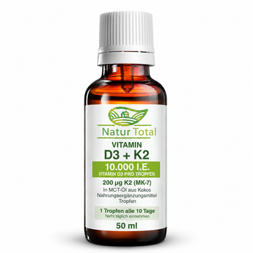 Natur Total Vitamin D3 + K2 (MK-7) – 10.000 I.E. + 200 µg pro Tropfen – 50 ml Braunglasflasche