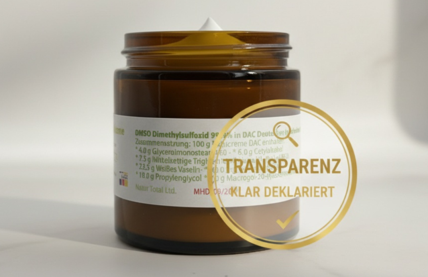 DMSO Creme im Tiegel mit cremiger Textur auf Spatel