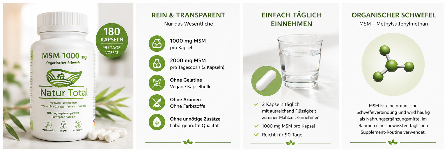 MSM 1000 mg von Natur Total mit 2000 mg Methylsulfonylmethan pro Tagesdosis. 180 vegane Kapseln für 90 Tage. Clean Label ohne unnötige Zusätze.