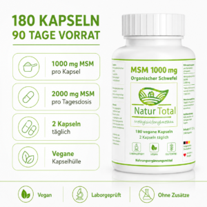 MSM 1000 mg – Organischer Schwefel – 180 vegane Kapseln